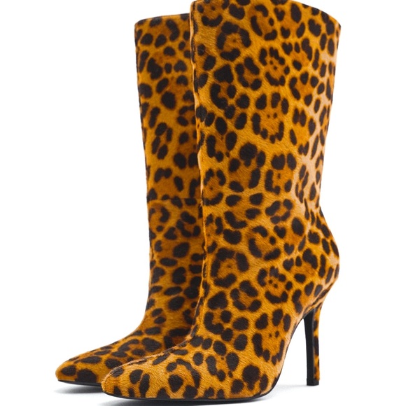 ZARA LEOPARD PRINT HEELED LEATHER ANKLE BOOTS - Picture 1 of 14